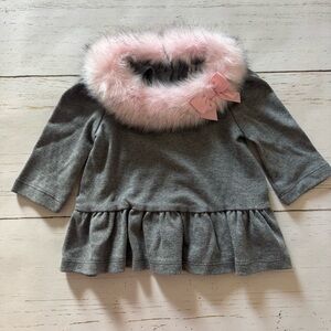 Janie and Jack Gray Top with Pink Fur Collar